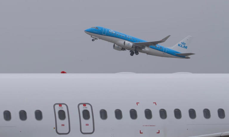 An Embraer aircraft of the Dutch airline KLM takes off from Dresden International Airport. Dutch airline KLM said a global computer outage has made