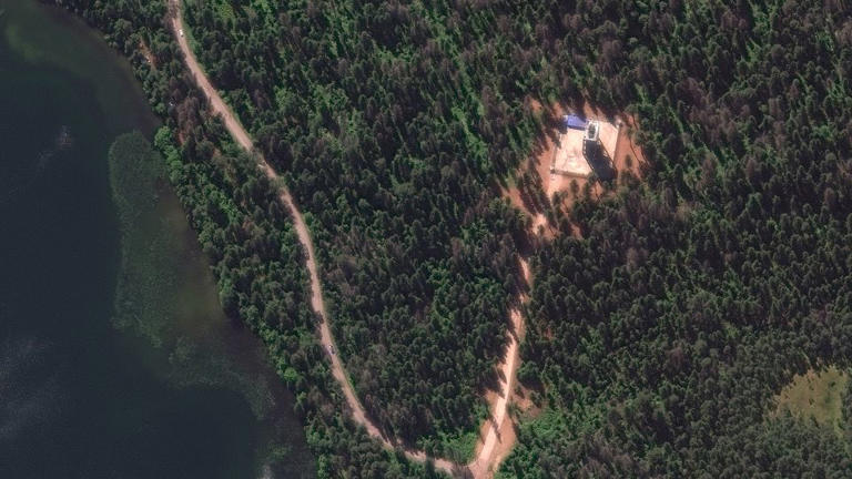 A satellite image provided by Maxar Technologies shows an air defense system placed near Russian President Vladimir Putin's summer residence.