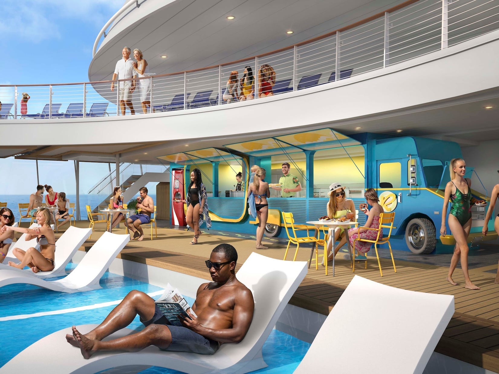 <p>It seems the company took a page from <a href="https://www.businessinsider.com/photos-review-new-11-billion-norwegian-prima-cruise-ship-2022-10">Norwegian Cruise Line's food truck-outfitted food hall </a>with its own dining kiosk on wheels. </p><p>Utopia's Spare Tire food truck serves snacks and handheld bites like pulled pork sandwiches and cheeseburger flatbreads.</p>
