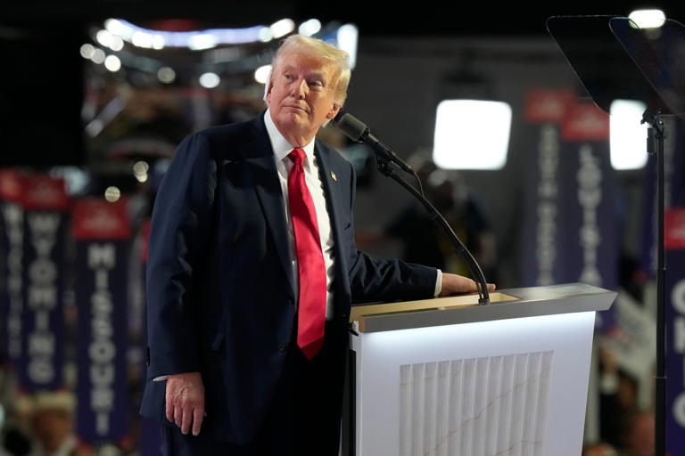 Donald Trump speaks during the final day of the Republican National Convention at the Fiserv Forum. The final day of the RNC featured a keynote address by Republican presidential nominee Donald Trump.