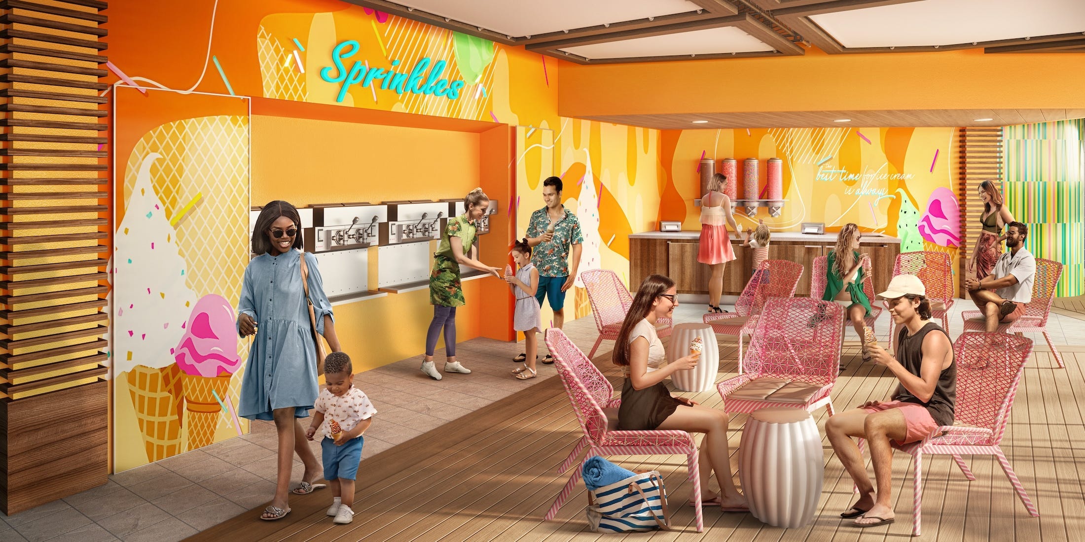 <p>Utopia has the same number of upcharged restaurants but only 10 free options, including the ice cream kiosk. Speaking of which, the sweet treat stand on Utopia has been upgraded with a new sprinkles bar.</p>
