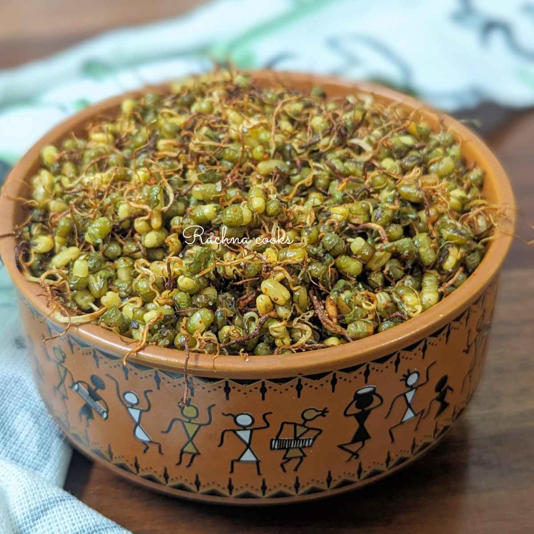 Air fried roasted moong sprouts in a brown bowl