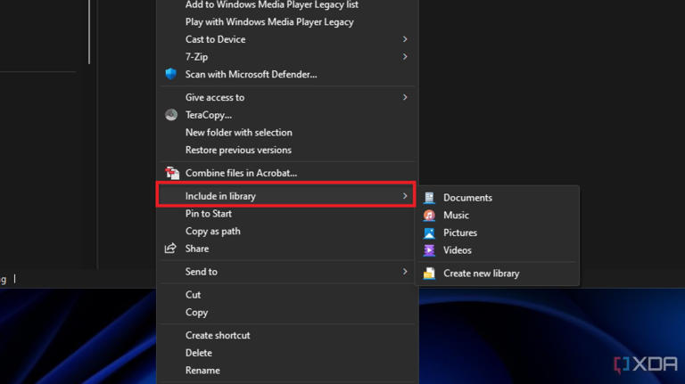 screenshot of windows explorer right-click menu with Include in library highlighted