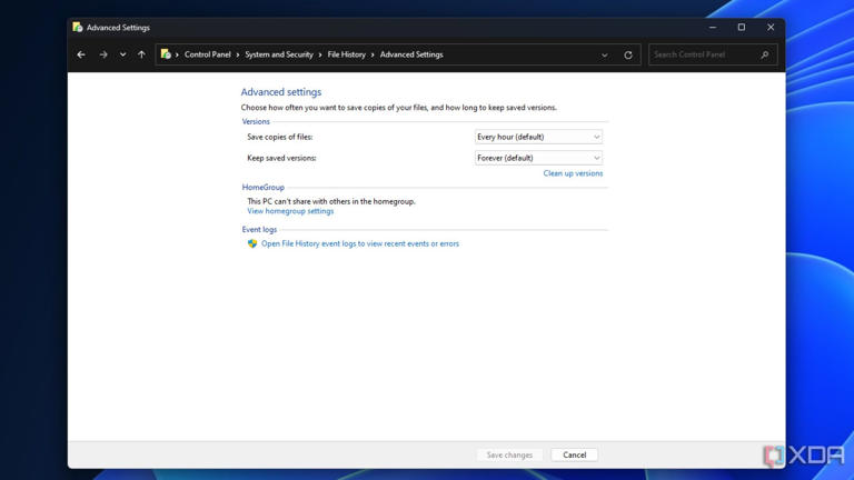 screenshot of file history advanced settings menu
