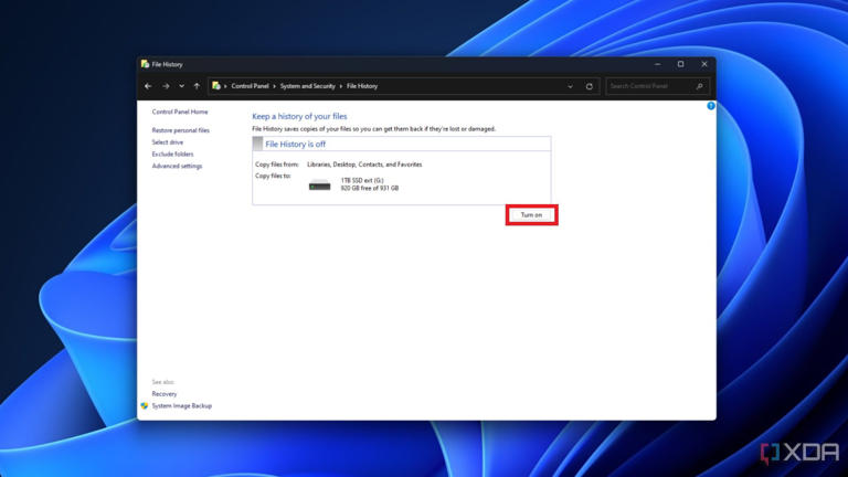 screenshot of file history feature in windows 11 with turn on highlighted