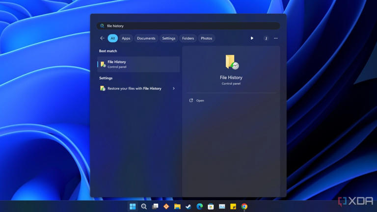 screenshot of windows start menu with file history in the search results