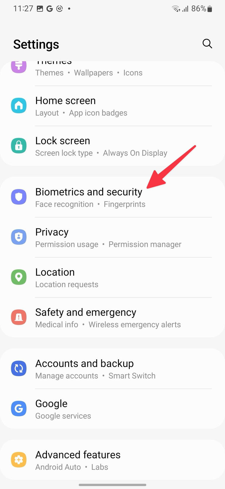 biometric and security in Samsung settings