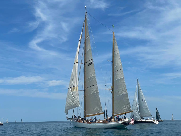 A sail boat making its way across Lake Huron for the 100th Port Huron-to-Mackinac Race on July 20, 2024.
