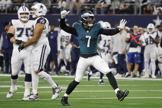 Philadelphia Eagles linebacker Haason Reddick (7) reacts after sacking Dallas Cowboys quarterback Dak Prescott during the first half of an NFL football game Dec. 10, 2023, in Arlington, Texas. Michael Ainsworth / AP