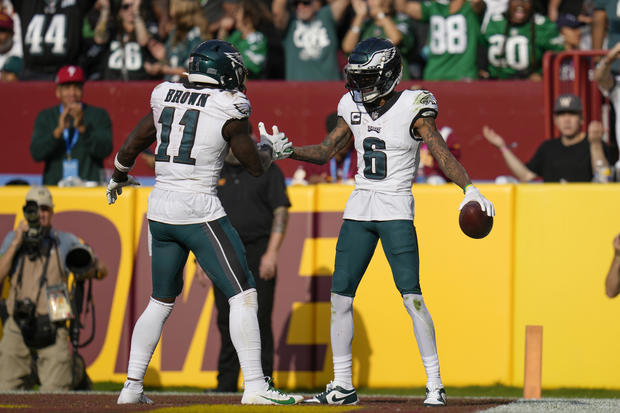 DeVonta Smith #6 of the Philadelphia Eagles celebrates with A.J. Brown #11 after scoring a touchdown against the Washington Commanders during the fourth quarter at FedExField on Oct. 29, 2023 in Landover, Maryland. Jess Rapfogel / Getty Images