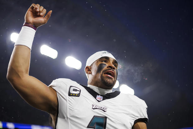 Jalen Hurts #1 of the Philadelphia Eagles is seen in the team huddle during pregame warmups before an NFL football game against the Seattle Seahawks at Lumen Field on Dec. 18, 2023 in Seattle. Ryan Kang / Getty Images