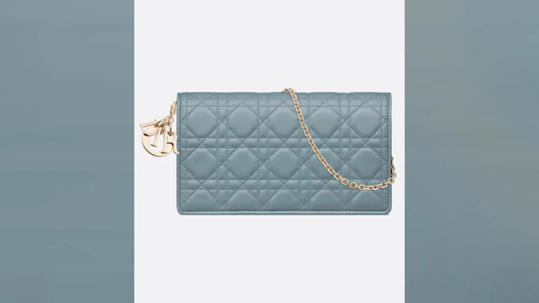 Chiếc túi trong video ghi cảnh bà Kim nhận quà là Lady Dior Pouch Cloud Blue Cannage Lambskin. Ảnh: Dior.