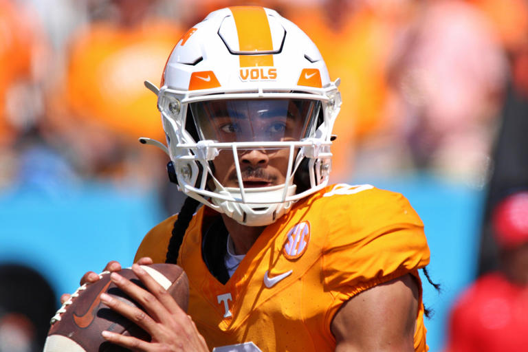 Nico Iamaleava. Tennessee Volunteers versus Virginia Cavaliers at Nissan Stadium in Nashville, Tennessee on September 2, 2023. Photo by Dan Harralson, Vols Wire