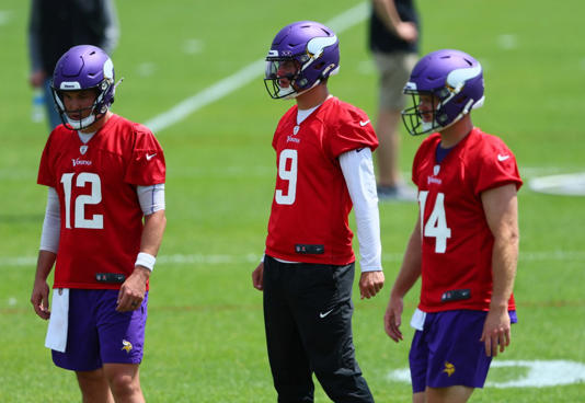 Quarterbacks Nick Mullens #12, J.J. McCarthy #9 and Sam Darnold #14 of the Minnesota Vikings practice during Minnesota Vikings mandatory minicamp at Twin Cities Orthopedics Performance Center on June 04, 2024 in Eagan, Minnesota. Getty Images