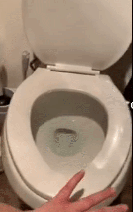 reviewer lifting a toilet seat using the small plastic tab installed on the side of it