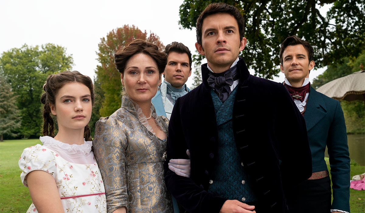 Florence Emilia Hunt as Hyacinth, Ruth Gemmell as Lady Violet, Luke Newton as Colin, Jonathan Bailey as Anthony and Luke Thompson as Benedict. Pic: Liam Daniel/Netflix