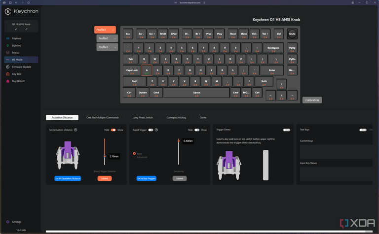 Screenshot of the actuation distance customization for the Keychron Q1 HE in the Keychron launcher app