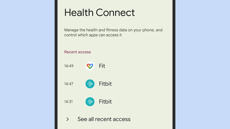 Health Connect manages apps connected to Google Fit and Samsung Health.