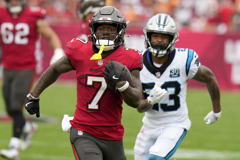 Tampa Bay Buccaneers running back Bucky Irving runs against the Carolina Panthers during the first half of an NFL football game Sunday, Dec. 29, 2024, in Tampa, Fla. (AP Photo/Chris O'Meara)