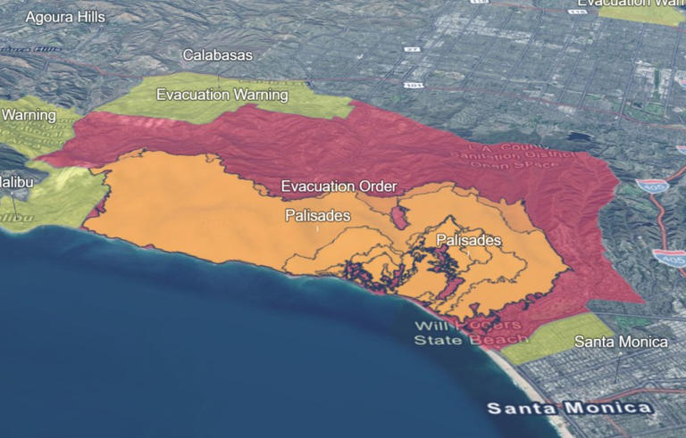 Interactive 3D map shows Palisades Fire perimeter, evacuation zones