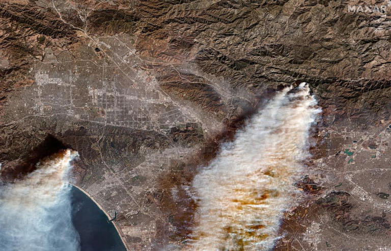 Overview of Palisades and Eaton Wildfires in a satellite image provided by MaxarTechnologies.