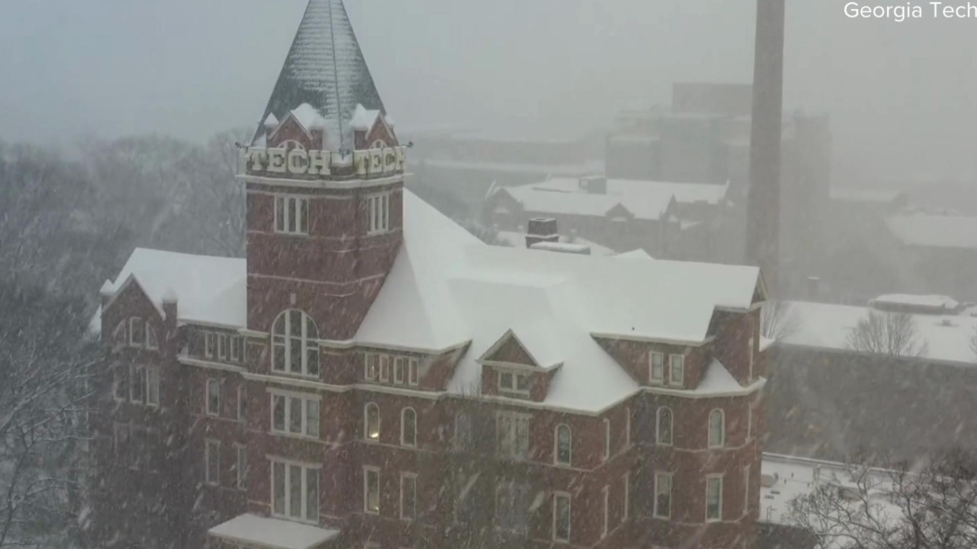 Snow on Tech campus Drone aerials
