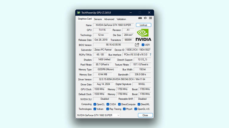 Graphics card specifications in the GPU-Z app