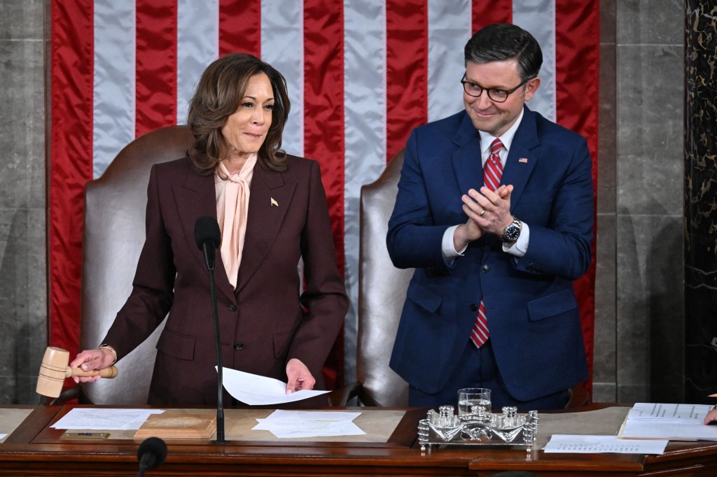 Vice President Kamala Harris certifying the results of the 2024 presidential election next to House Speaker Mike Johnson on Jan. 6, 2025. Photo by SAUL LOEB/AFP via Getty Images
