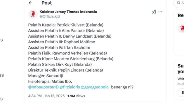 Beredar rumor beberapa nama staf kepelatihan Patrick Kluivert untuk Timnas Indonesia kelak, Minggu (12/1). (X @Officialkjti)