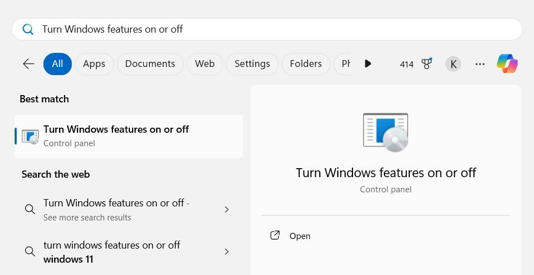 Searching for Turn Windows features on or off in the Start Menu