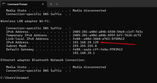IP address in the Command Prompt window.