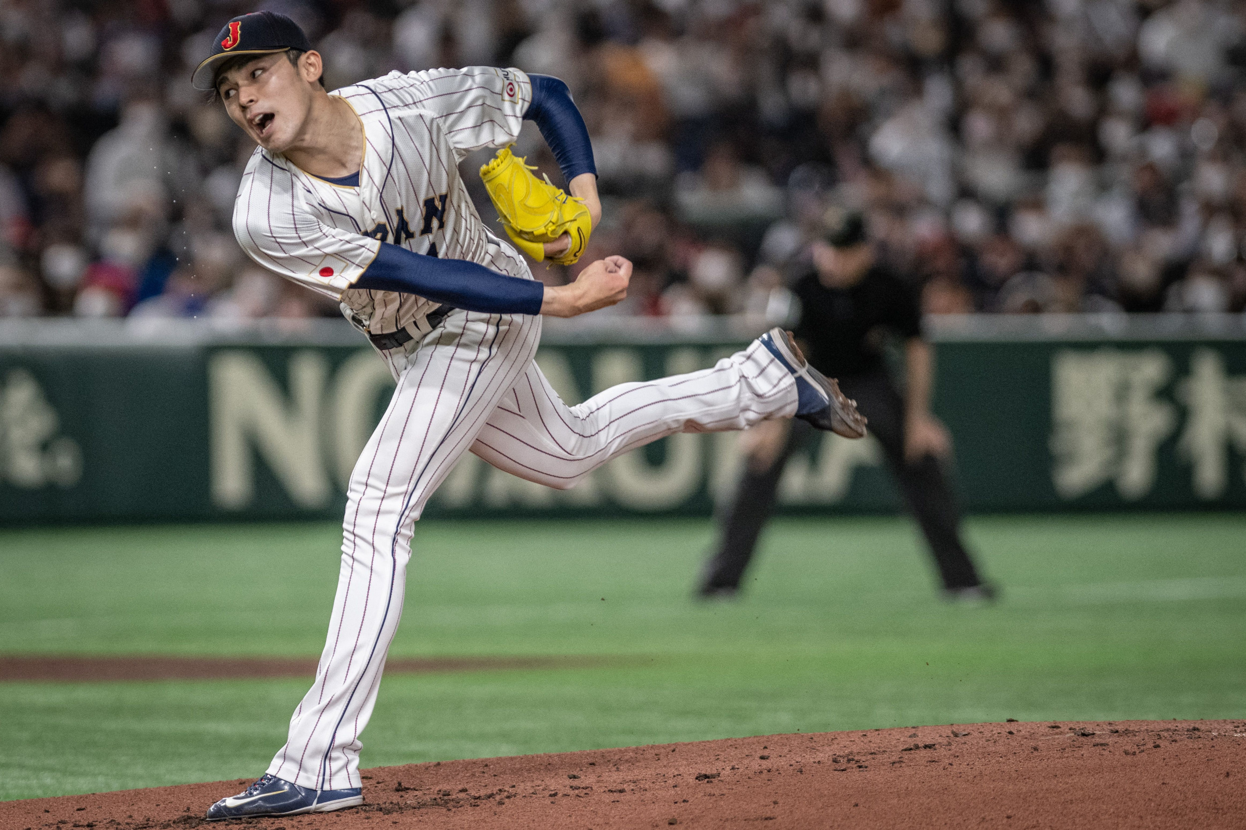 Japan's Roki Sasaki pitches during the World Baseball Classic (WBC) Pool B round game between Japan and Czech Republic at the Tokyo Dome in Tokyo on March 11, 2023.