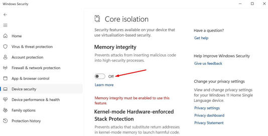 Memory Integrity toggle in the Windows Security app.