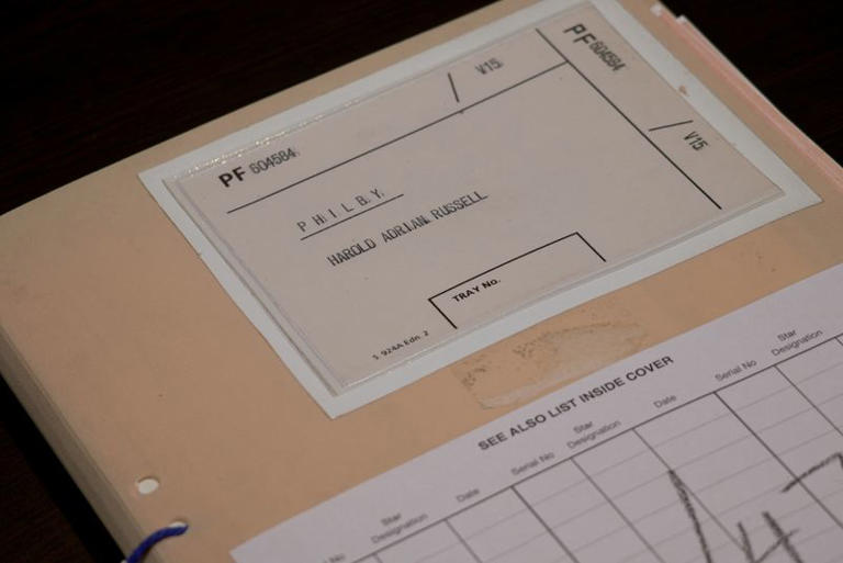 A file about spy Harold Philby (known also as Kim Philby) from the exhibition "MI5: Official Secrets" is pictured at the National Archives in London, Britain, January 13, 2025. REUTERS/ Marissa Davison