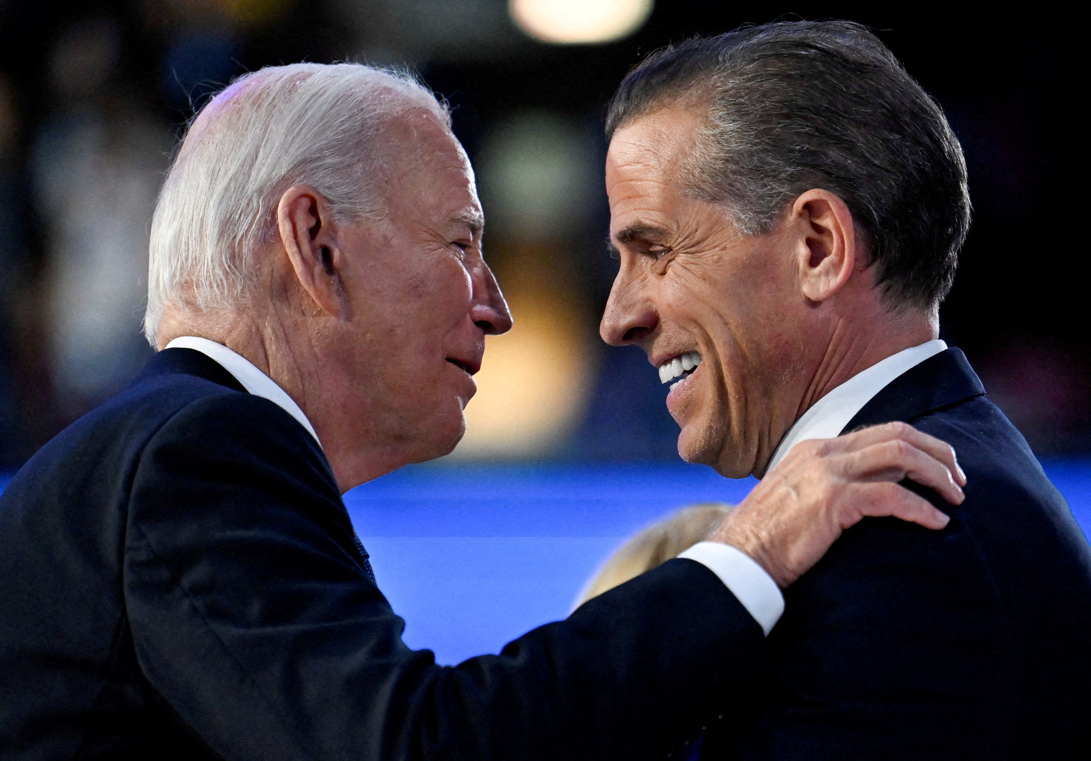 President Joe Biden greets son Hunter Biden at the Democratic National Convention in Chicago on Aug. 19, 2024.