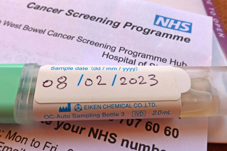 Early bowel cancer screening programme sample, dated, prepared and ready to post, North West England, UK