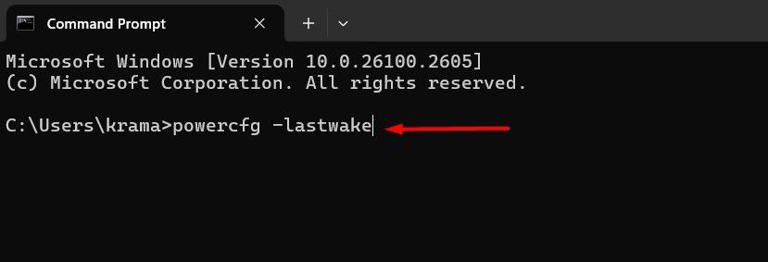 powercfg -lastwake command in the Command Prompt window.