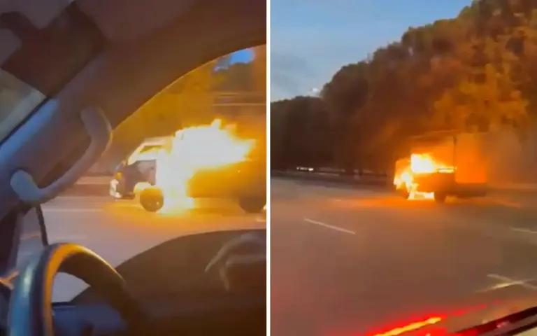 Screenshots of a viral video showing the lorry engulfed in flames.