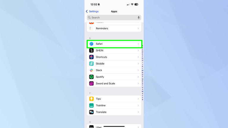 Safari highlighted on iPhone 