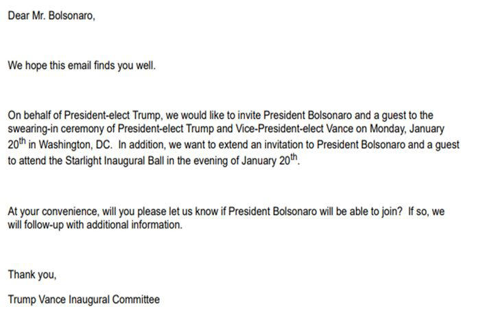 E-mail encaminhado a Eduardo Bolsonaro é apresentado por defesa de Jair Bolsonaro como convite oficial para posse de Donald Trump Foto: Reprodução/STF