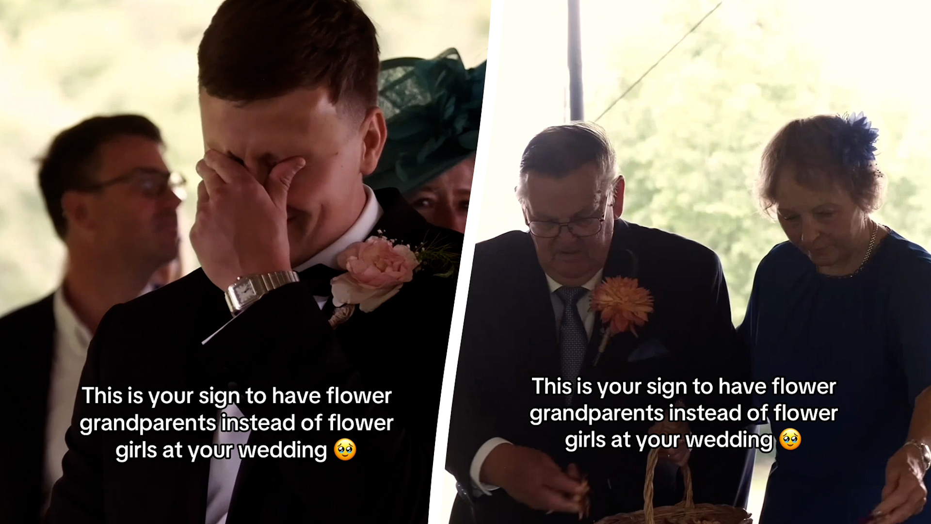 Groom in tears as grandparents walk down the aisle instead of flower girls(00)