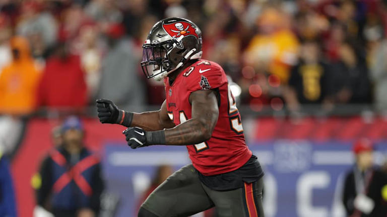 Jan 12, 2025; Tampa, Florida, USA; Tampa Bay Buccaneers linebacker Lavonte David (54) celebrates after a stop during the fourth quarter of a NFC wild card playoff against the Washington Commanders at Raymond James Stadium. Mandatory Credit: Nathan Ray Seebeck-Imagn Images | Nathan Ray Seebeck-Imagn Images