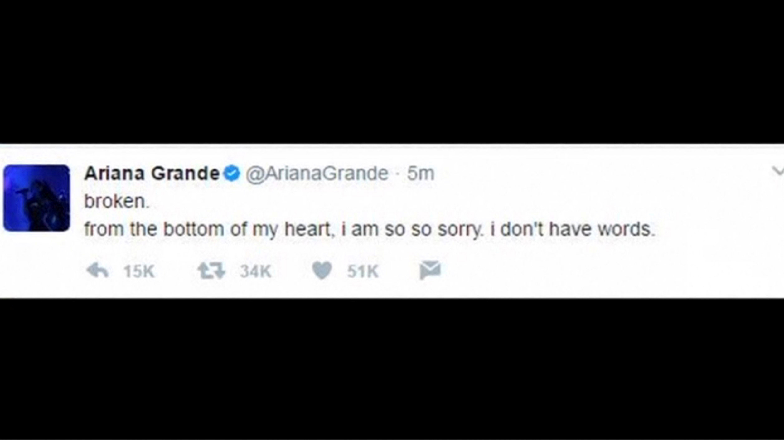 Slide 9 of 27: A tweet from U.S. singer Ariana Grande is seen as she makes her first comment since a bombing at her concert in Manchester, England, May 23, 2017.