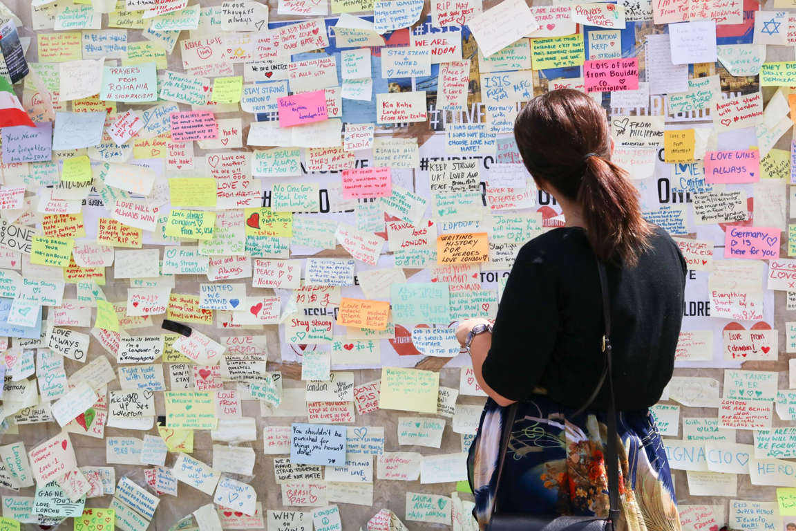 Slide 9 of 33: Aftermath London Bridge Terror Attack, London, UK - 13 Jun 2017 Messages  of sympathy from the United Kingdom and many parts of the world continue to grow on a temporary memorial on the southern end of London Bridge ten days after the London Bridge  and 