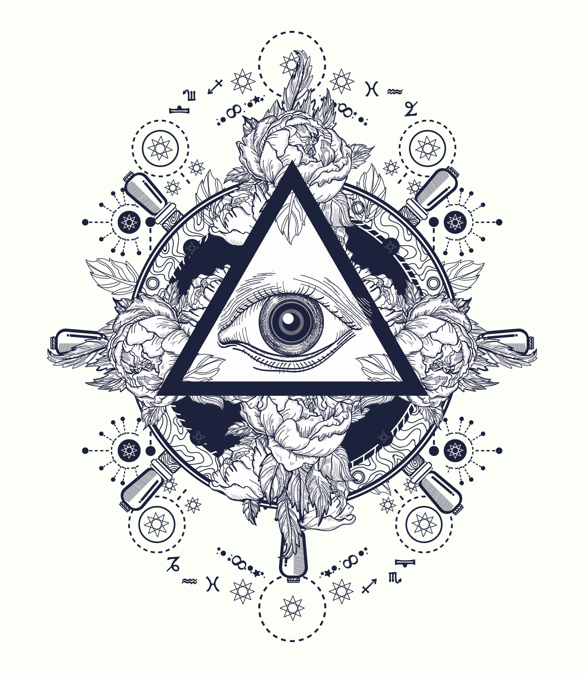 Slide 7 of 11: All seeing eye pyramid tattoo art. Freemason and spiritual symbols. Alchemy, medieval religion, occultism, spirituality and esoteric tattoo. Magic eye t-shirt design. Roses and the ship's helm