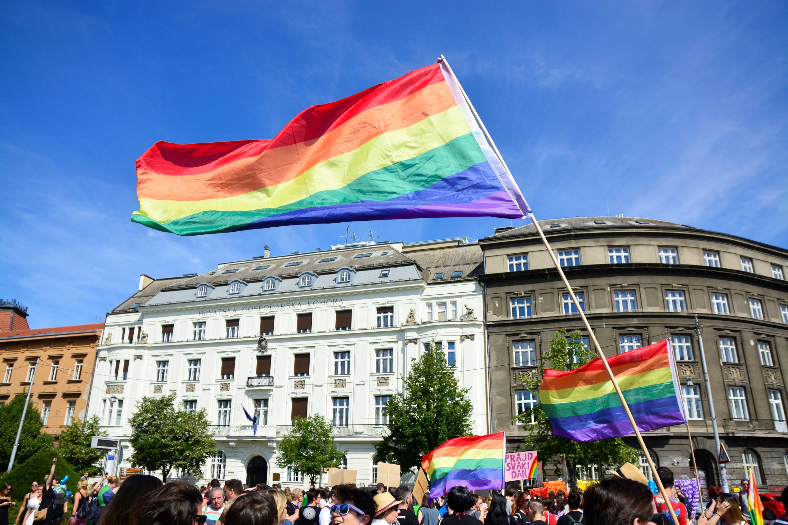 Slide 32 of 57: People march as they take part at the annual Gay Pride Parade in central Zagreb, Croatia, on June 10, 2017. The 16th Zagreb Pride parade was under the motto "A Free Life Begins With Pride!". (Photo by Alen Gurovic/NurPhoto via Getty Images)