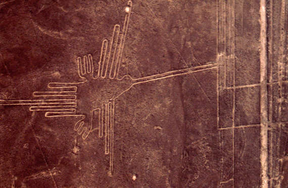 Slide 1 of 13: Used for rituals probably related to astronomy, the Nazca geoglyphs covering an area of around 400 square miles, are visible only from the air, There are numerous designs of animals, objects, anthropomorphic figures of colossal, proportions, flowers and plants and geometric patterns and lines. The humming bird. Peru. Nazca. 200 BC - 600 AD. Pampa Colorada, between Nazca and Pampa towns. (Photo by Werner Forman/Universal Images Group/Getty Images)