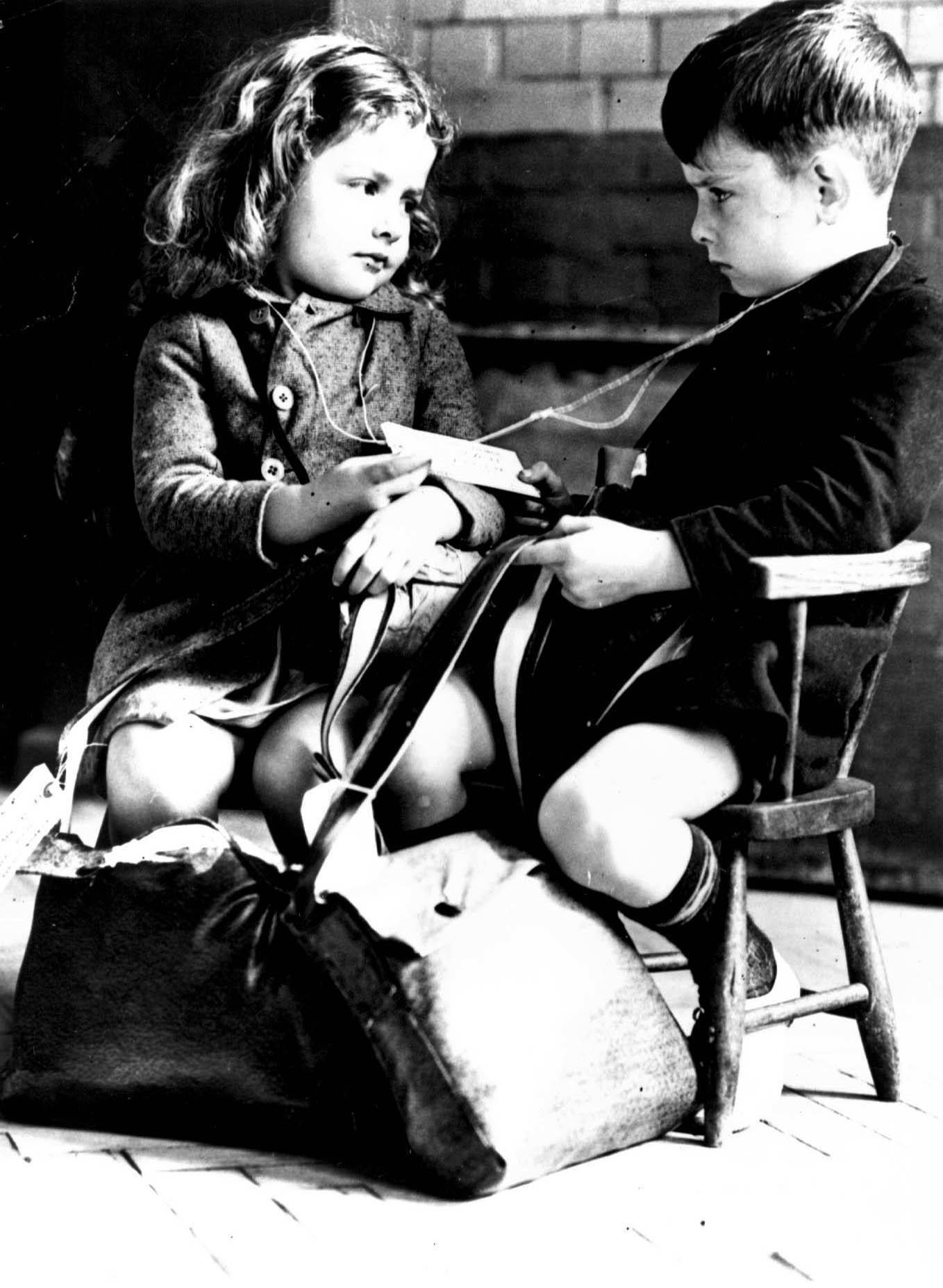 Slide 3 de 100: June Potts nee Bryant with her brother Tony when they where evacuees during World War II. To mark the sixtieth anniversary of the start of the Second World War the Imperial War Museum has mounted a display on the subject of evacuees. * The evacuation of over one and half million people, mostly children , over three days from 1 to 3 September 1939, was the first major event of the war in Briton.