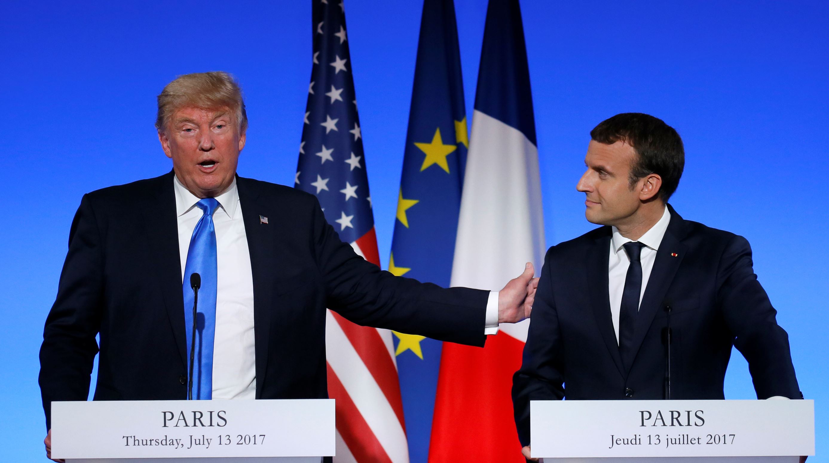Hasil gambar untuk  President Trump participates in a meeting with President Emmanuel Macron of France