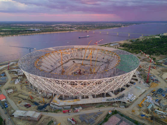 ÎÎ¹Î±ÏÎ¬Î½ÎµÎ¹Î± 99 Î±ÏÏ 100: An aerial picture taken with a drone on June 20, 2017 shows the Volgograd Arena football stadium under construction for the 2018 FIFA World Cup, in Volgograd. / AFP PHOTO / Ruslan SHAMUKOV (Photo credit should read RUSLAN SHAMUKOV/AFP/Getty Images)